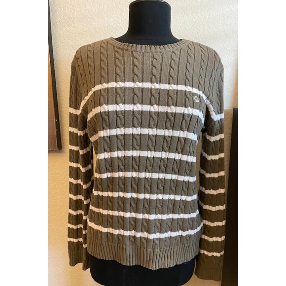 Lauren Ralph Lauren Cable Knit Sweater - Olive Green and White Striped - Sz L - Picture 1 of 5